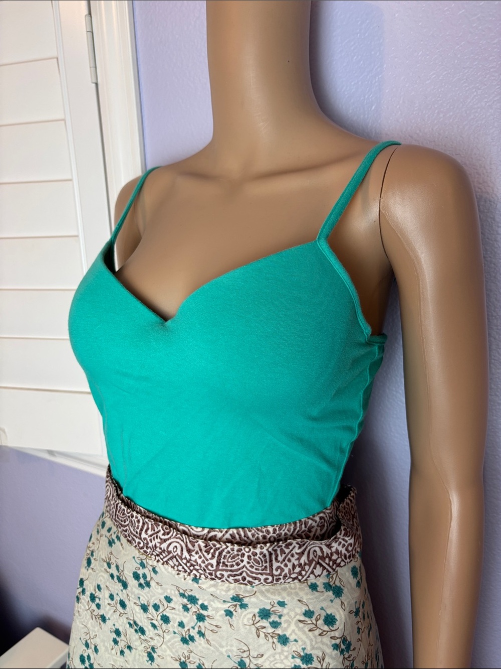 Slim Adjustable Spaghetti-Strap Teal Camisole Sweetheart Built-in Bra Padding